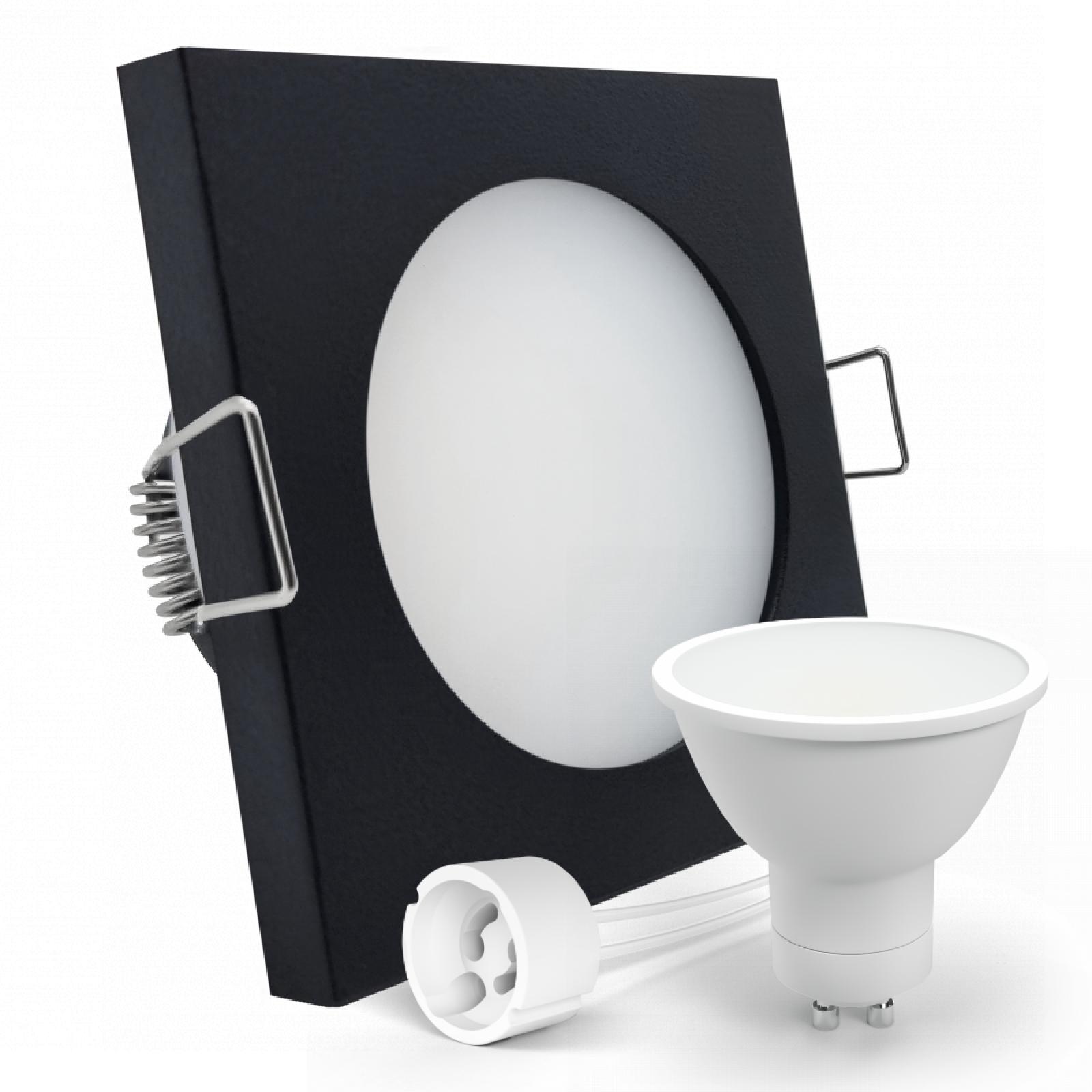  LED Deckenspot Feuchtraum IP44 schwarz eckig quadratisch Glas Einbaudurchmesser Ø 60mm - 75mm Tiefe 64mm Fassung 1,2W LED Lichtfarbe warmweiß GU10 230V
